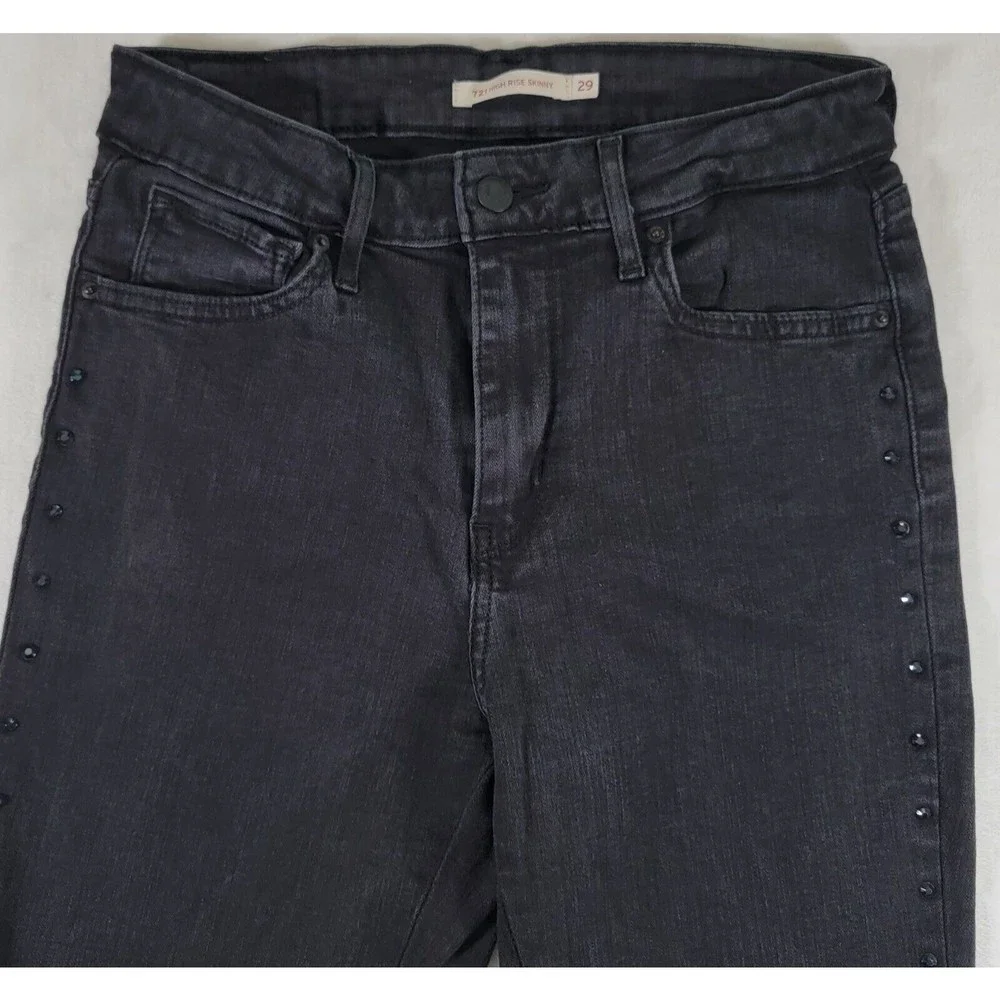 Levis 721 High Rise Skinny Stretch Jeans Size 29 Black Denim Rhinestone Stripe - Picture 2 of 16